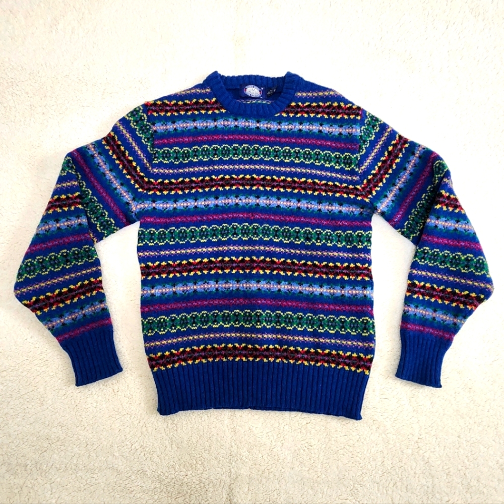 Vintage Scotland Knights Bridge Wool Blend Colorful Striped Nordic Ski Sweater M